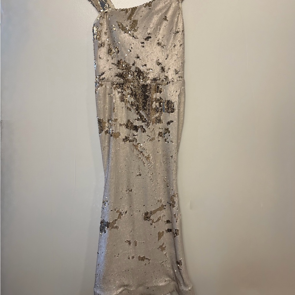Nicole Bakti One Shoulder Sequin Dress in Silver and Gold